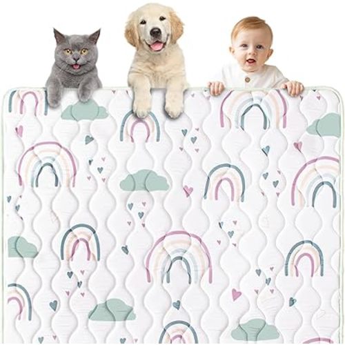 Baby Play Mat - 50x50 Foldable & Machine Washable Playpen Mat with Thicken Soft Foam for Baby (Green Rainbows)