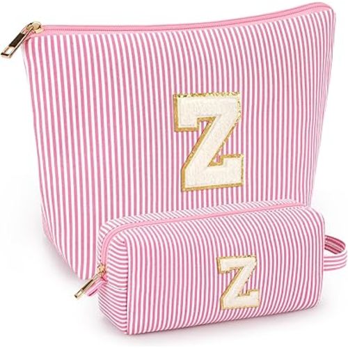 2 PCS Initial Makeup Bags for Women: Cosmetic Bag for Travel Toiletry - Birthday Gifts for 11 12 13 14 15 16 17 18 Years Old Girl Graduation Teacher Gift- Teen Girl Gifts Trendy Stuff - Pink Z