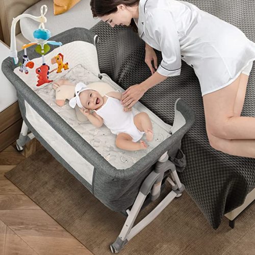 GJCOS Baby Bassinet Bedside Sleeper (Gray) - 3 in 1 Bedside Bassinet Cribs, Breathable Attached Mesh Side, Toddler Bassinet Attach to Bed, Adjustable & Convertible Bassinet Baby Co Sleeper for Bedside