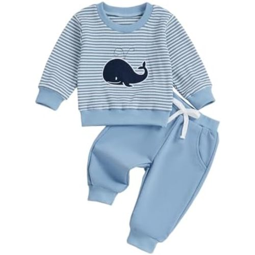 Baby Boy Clothes Whale Embroidery Waffle Striped Sweatshirt Tops Pants Set Toddler Infant Fall Winter Clothes