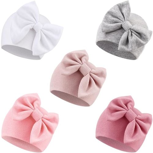 DRESHOW BQUBO Newborn Baby Hats Hospital Hat Baby Cotton Beanie Infant Bow Hats for 0-6/6-24 Months - 0-6 Months - 5 Pack: Flesh Pink, White, Light Pink, Gray, Pink