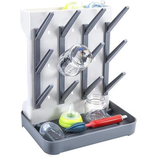 MeCids Baby Bottle Drying Rack, Vertical Standing Bottle Dryer Rack Holder, Space Saving Baby Bottle Drying Rack for Countertop - Holds Up to 12 Baby Bottles (Gray)