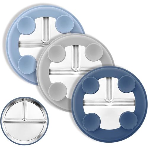 Stainless Steel Suction Plates for Toddlers, 8" Divided Kids Baby Plates with Removable Silicone Suction, Non Toxic Non Slip Portion Control Snack Dishes 3 Packs, Blue Gray Navy