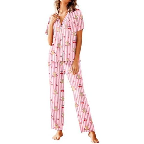 Avidlove Women Pajamas Set Notch Collar Soft Sleepwear Pjs Short Sleeve Button Down Nightwear with Long Pants