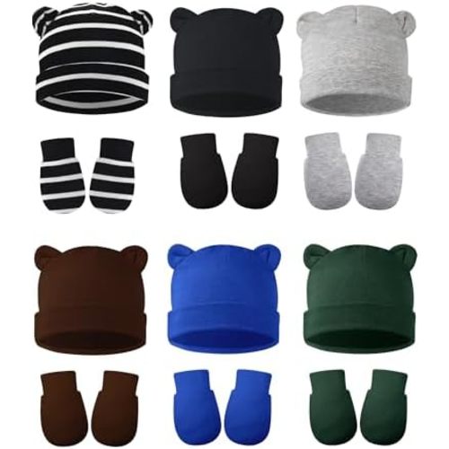 Geyoga 12 Pieces Newborn Hat Mittens Gloves Set Baby Boys Girls Cotton Baby Beanie for 0-12 Months