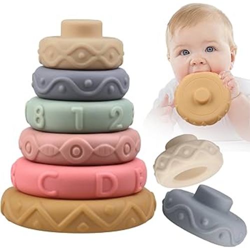 6 Pcs Stacking Rings Soft Toys for Babies Newborn 0 3 4 5 6 12 18 Months 1 Year Old Girls Boys - Toddler Sensory Educational Montessori Baby Blocks - Infant Development Teething Learning Tower