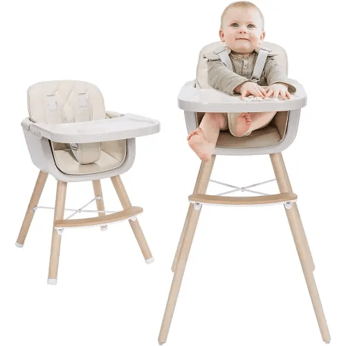 3-in-1 Convertible Wooden High Chair,Baby High Chair with Adjustable Legs & Dishwasher Safe Tray, Made of Sleek Hardwood & Premium Leatherette, Beige Color