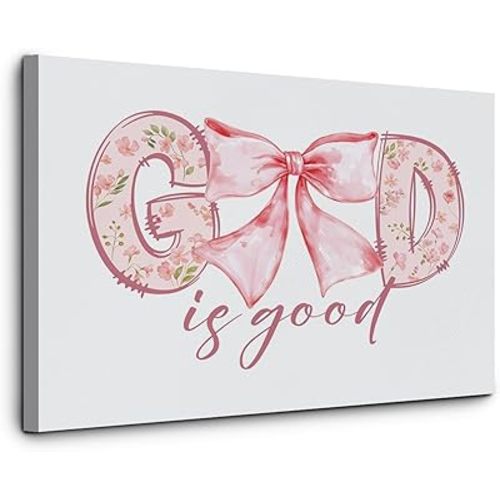 JINYO God is Good Christian Canvas Wall Art Framed, Bible Verses Wall Decor, Coquette Room Decor, Coquette Pink Bow Christian Poster Prints for Girls Bedroom Dorm Apartment Wall, 11x14 Inch