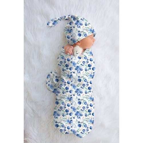 Blueberry Fields Fruit Swaddle Blanket with Matching Knotted Hat | Soft Blanket Set | Newborn Baby Swaddle Blanket Berries Farm Baby Blanket