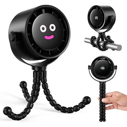 Koonie Portable Stroller Fan, Rechargeable Battery Operated, 5 Speeds with High-Speed Cooling, 17H Runtime, Digital Display, 360° Rotation, Ultra-Quiet, Flexible Tripod for Car Seats, Tents, Cribs