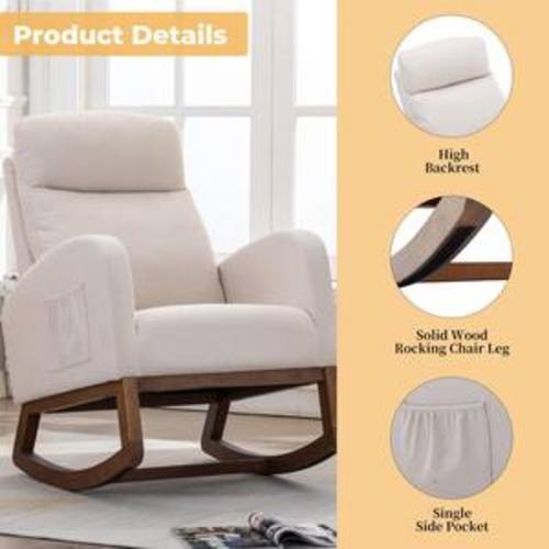27 in. Beige Linen Rocking Chair, Modern Glider Recliner with Wood Legs and Side Pocket, High Back Nursery Armchair