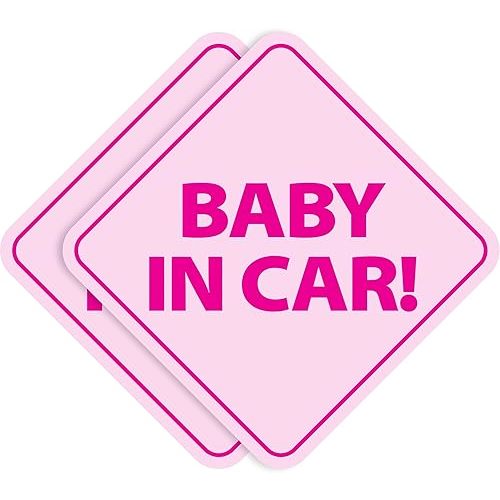 Stickios Baby on Board Stickers - Removable Non-Magnetic Paint-Safe Signs for Cars & Windows - Made in USA - Baby Girl in Pink (2 Vinyl Decals)