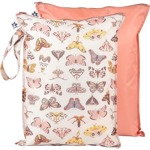 Tiny Twinkle Mess-proof Wet Bags 2 Pack Waterproof and Washable Bag for Travel storage, Stroller, Daycare, Baby Diapers, Yoga, Beach, Pool, Wet Toddler Swimsuits - Flutter