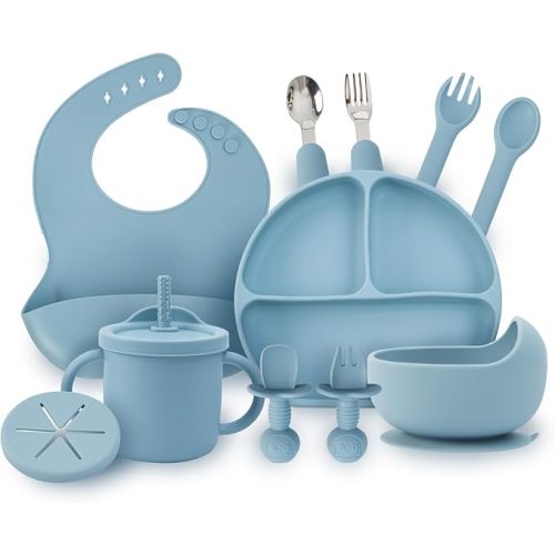 Baby Silicone Feeding Set, 13PCS Baby Self Feeding Set, Toddler Led Weaning Utensils Sets with Suction Bowl and Plate, 3 Set of Baby Spoons and Forks, Adjustable Bid, Sippy Cup with Straw and 2 Lids