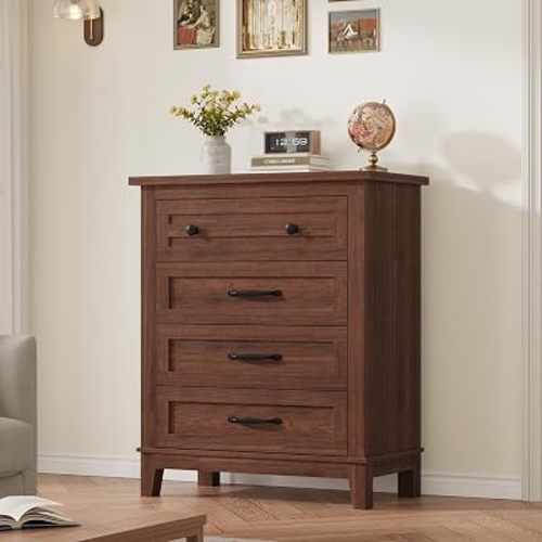 GarveeHome 4 Dresser for Bedroom, 34.8 in Tall Vertical Drawer Dresser with Large Storage, Freestanding Wooden Closet Chest for Bedroom, Living Room, Walunt