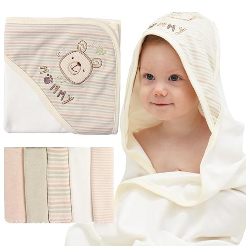 6 Pack Baby Hooded Towel and Washcloths Set, Premium Ultra Soft Reusable 100% Organic Cotton Baby Bath Towel, Baby Blanket for Newborns, Infants, Toddlers, Stripes Bear, 37.5 x 37.5 Inch