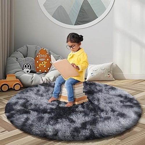 Super Soft Circle Rugs for Girls Princess Castle Toddlers Play Tent 4 Diameter Area Rugs for Kids Bedroom Baby Room Decor Round Shag Carpets(Φ4, Dark Grey Tie-Dyed)