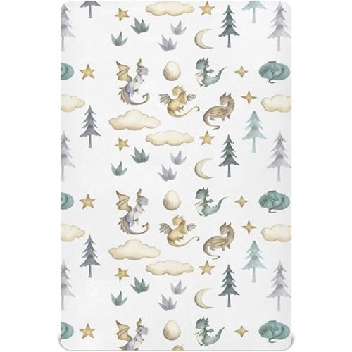 Watercolor Cute Dragon Crib Sheets for Boys Girl Cloud Moon Star Dragons Egg Trees Fitted Mattress Cover Animal Themed Toddler Baby Bed Sheets Standard Unisex Crib Sheet 28x52 Inch