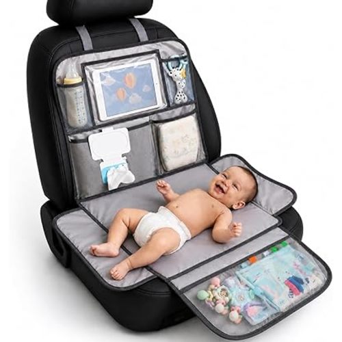 Baby Diaper Changing Station for Car & Backseat Organizer - Large Portable Baby Changing Pad for Travel with 4 Pockets, Clear Tablet Viewer, Waterproof Mat, Newborn Road Trip Essentials