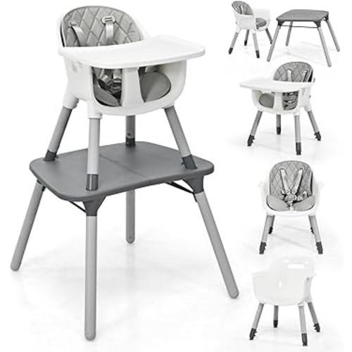 HONEY JOY 5-in-1 High Chair, Convertible Highchair for Babies and Toddlers/Kids Chair Table Set/Infant Feeding Chair w/Safety Harness, PU Leather Cushion & Removable Food Tray (Gray)