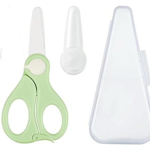 Ceramic Baby Food Scissors with Travel Case, Portable Shears, Dishwasher Safe, Kitchen Scissors, Healthy Food Cutter with Dust Cover, Green
