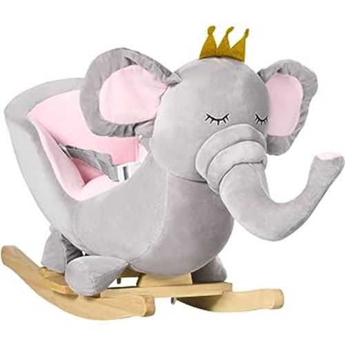 Qaba Baby Rocking Horse Elephant Rocking Chair Toddler Rocker Toy with Sound Wooden Base Seat Safety Belt for 1.5-3 Year Old, Grey