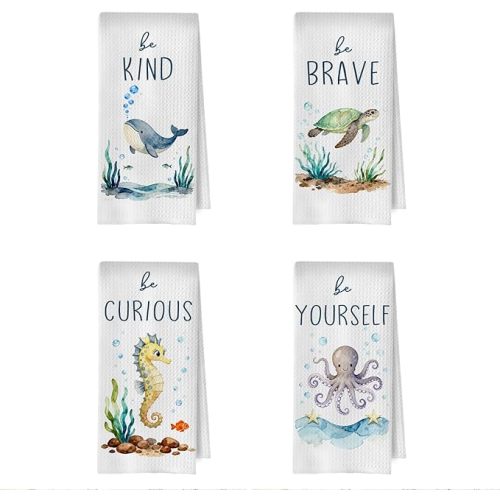 Coastal Nursery Kitchen Towels Set - Kids Bathroom Hand Towels Decor, Beach Ocean Decorative Dish Towels, Sea Nursery Decor Hand Towel, 16×24 Inches Set of 4