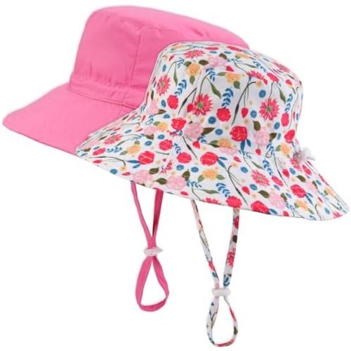 Baby Sun Hat Adjustable - 2pcs Toddler Kids Wide Brim Bucket UPF 50+ Summer Play Hat with Chin Strap