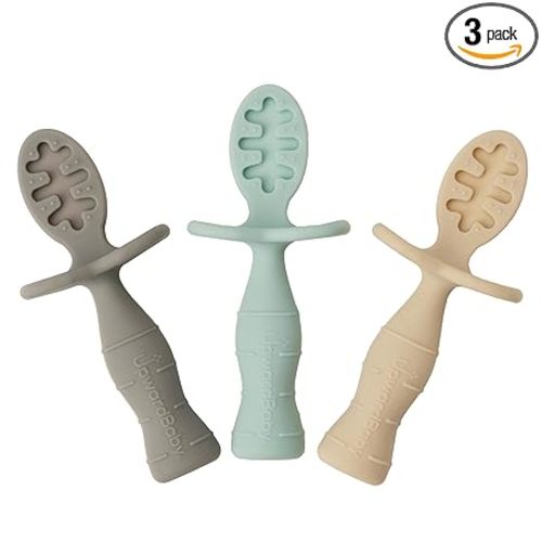Upward Baby Silicone Baby Feeding Spoon with Anti Choke Barrier - Baby Spoons Self Feeding 6 Months, First Stage Infant Supplies and Toddler Utensils, Baby Led Weaning Soft-Tip Training Spoon, 3 Pack