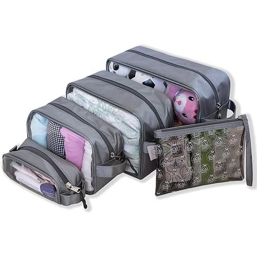 Supa Tough Diaper Bag Organizing Pouches Set of 5 - Premium Quality Clear Organizer Inserts - Versatile Wipe Clean Baby Packing Cubes - Nursery and Travel Organization (Silver Grey)