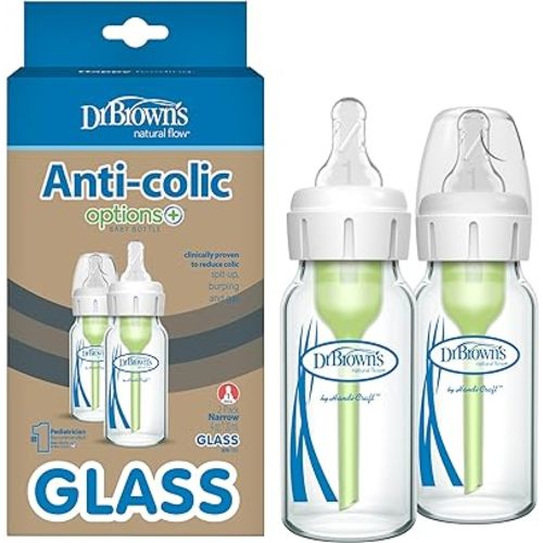 Dr. Brown's Natural Flow Anti-Colic Options+ Narrow Glass Baby Bottle 4 oz/120 mL, with Level 1 Slow Flow Nipple, 2 Pack, 0m+