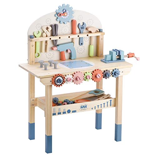 Tool Bench for Kids Toy Play Workbench Wooden Tool Bench Workshop Workbench with Tools Set Wooden Construction Bench Toy for 3 4 5 Year Boys Girls