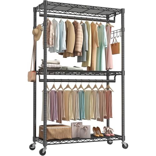 NEWBULIG 47'' Heavy Duty Garment Rack with Wheel, 3-Tier Clothing Rack