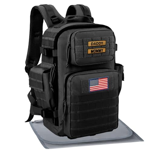 SHARKMOUTH Diaper Bag Military for Men - Large Baby Backpack with Changing Pad for Active Dad - Insulated for Outdoor Travel Camping Park Trips Black