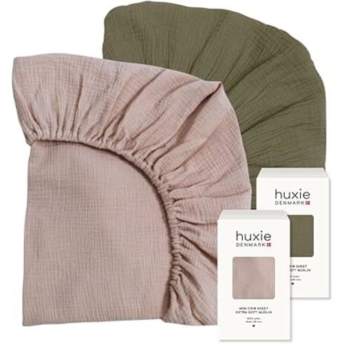 Denmark - Super Soft Muslin Mini Crib Sheets - 24'' x 38'' - 100% Organic Baby Crib Sheets for Boys and Girls - 2-Pack (Blush/Sage Green)
