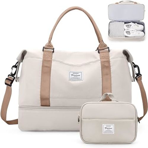 Weekender Bags for Women,Overnight Travel Duffel Bag with Shoes Compartment& Toiletry Bag,Extra Large(Beige & Brown)