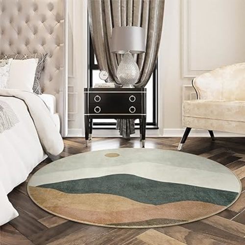 5ft Abstract Round Rug,Chic Washable Non-Slip Sun and Mountain Area Circle Rug,Soft Low-Pile Circle Throw Rugs for Living Room Sofa Kids Room Decor(Grey)