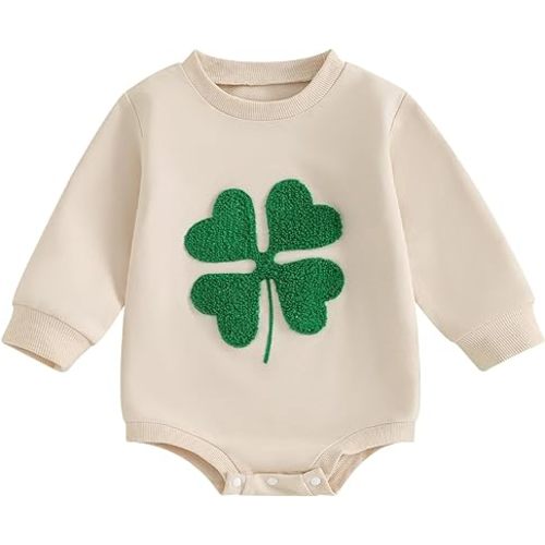 Baby Boy St. Patrick's Day Clothes Little Lucky Charm Sweatshirt Bubble Romper Long Sleeve Bodysuit Shirt Top (Beige, 0-3 Months): Clothing, Shoes & Jewelry
