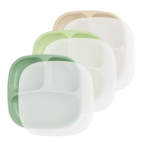 Re-Play Made in USA 7" Deep Walled Divided Plates for Kids, Set of 3 With 3 Lids - Reusable 3 Compartment Plates, Dishwasher and Microwave Safe - 7.37" x 7.37" x 1.25", Cactus