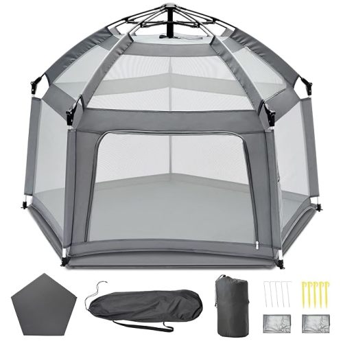 Baby Playpen with Self-Inflating Play Mat & Travel Bag, Portable Outdoor Playpen for Babies and Toddlers, Foldable Pop Up Play Tent for Home, Park, Beach and Camping (Grey)