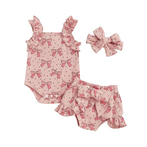 Kaipiclos Cherry Baby Outfit Newborn Infant Girl Clothes Rib Knit Romper & Shorts Waffled Baby Clothes for Girls 0 3 6 12 18M