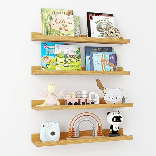 Axeman Floating Shelves for Wall - Picture Ledge Shelf Set of 4-24 Inch Floating Shelves with Lip - Oak Picture Shelf for Wall with Ledge - Photo Ledge Shelves for Pictures Nursery Books