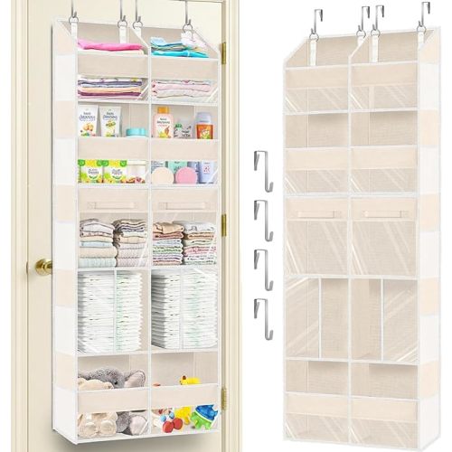 Over the Door Organizer 5 Tiers with Removable Drawers, Extra Large Door Storage of 6 Compartments & 2 Diaper Storage, Double-Column Clear Window Door Hanging Organizer for Nursery, Closet, Pantry