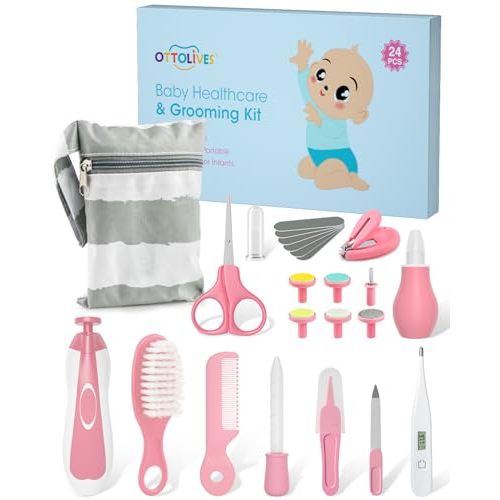 OTTOLIVES Baby Healthcare and Grooming Kit, 24 in 1 Baby Electric Nail Trimmer Set Newborn Nursery Health Care Set for Newborn Infant Toddlers Baby Boys Girls Kids Haircut Tools (0-3 Years+) (Pink)