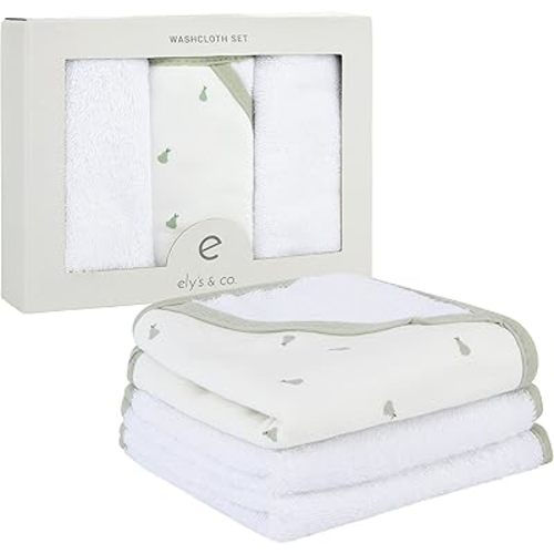 Ely's & Co. Baby Washcloths Soft, Thick, Absorbent - 100% Terry Cotton, 3-Pack, 10”x10”, with 1 Pocketed Washcloth - Infant & Toddler Bath Mitt and Wash Cloths for Newborns and Babies (Sage Pear)