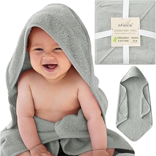 Organic Cotton Low-Twist Woven Hooded Baby Towels, 31x31 Inches, Soft Bath Towels with Hood for Newborns and Kids, Girls & Boys (Moss Green, 31.4" L x 31.4" W)