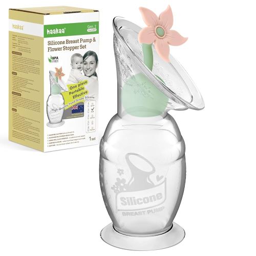 haakaa Manual Breast Pump with Flower Stopper Set, Gen.2 Silicone Hand Pump with Suction Base, BPA Free (5oz/150ml, Blush)