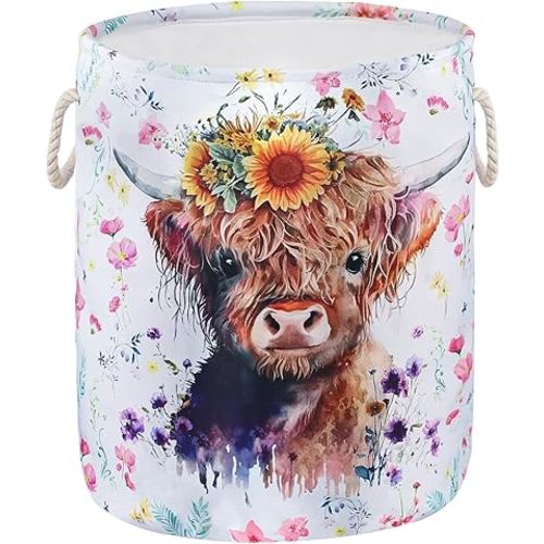 Highland Cow Print Kids Laundry Basket Cute Baby Nursery Hamper Farmhouse Stuff Storage Bag Western Room Decor Tote Pink Clothes Organizer Sunflower Toy Bin Gift for Bedroom Bathroom Teen Girls Boy, M