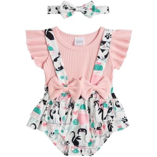 UNICOMIDEA Baby Girls Clothes 0-18 Months Bodysuit Ruffle Sleeve Newborn Outfit Romper with Headband