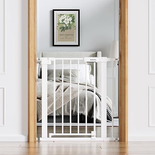BABELIO Baby Gate for Doorways and Stairs, 26-31" Pet Gate with Wide Walk Thru Door and Lock Indicator, No Drill Pressure Mounted Safety Gate with Double Lock and Self-Closing, White